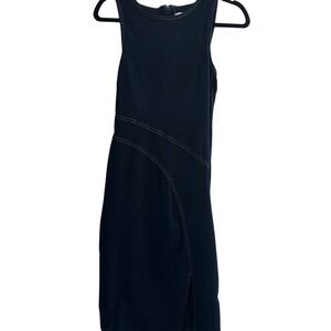 Sleeveless Blue Jean‎ Dress Gold Contrast Stitching Fitted Career Cocktail